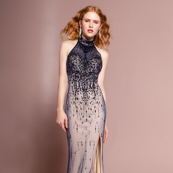 NEW LONG OFF THE SHOULDER SLEEVELESS MESH DRESS WITH HALTER NECKLINE GL2147
